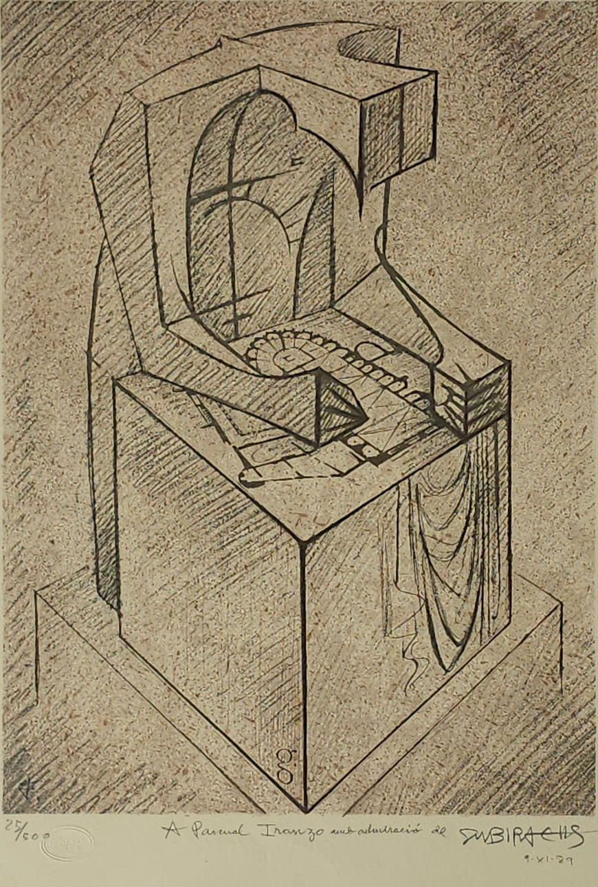JOSEP MARIA SUBIRACHS. “L'ARQUITECTE” ENGRAVING. GENERAL OPTICAL SERIES. SIGNED AND DATED IN PENCIL BY THE ARTIST, 9.XI.89. 25/500 DEDICATED.