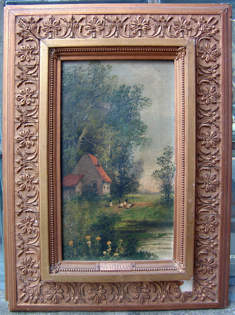 MINNA BACHMANN. Bondgård med kycklingar på en damm.