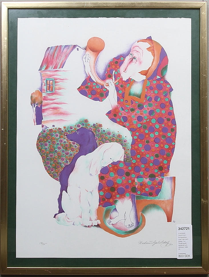 VLADIMIR GALATSKY. Komposition med man som blåser i lur. Färglitografi, signerad och daterad 1980.