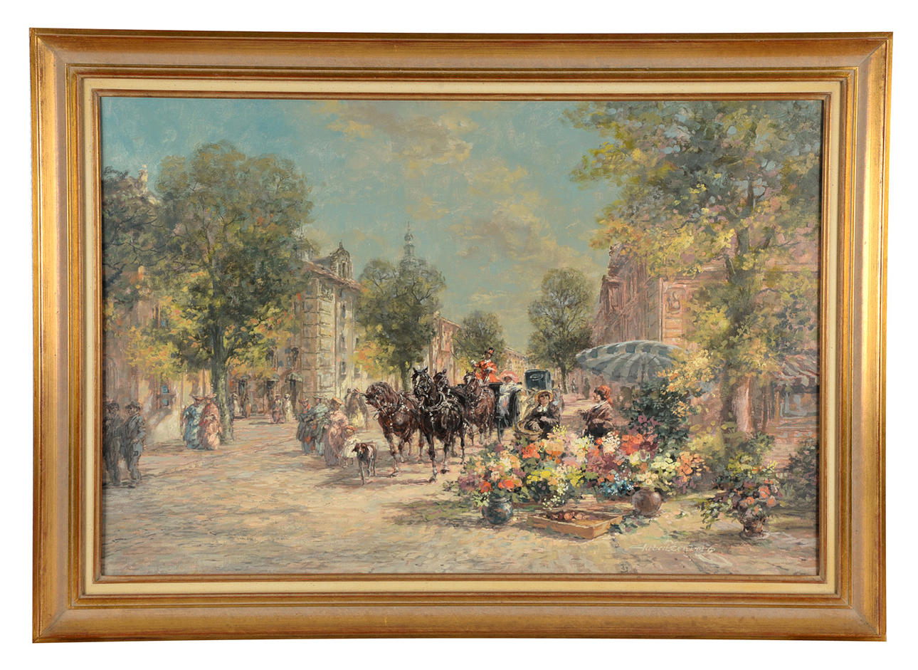 Den livliga gatan från 1800-talet med blomsterförsäljning & galant vagn.