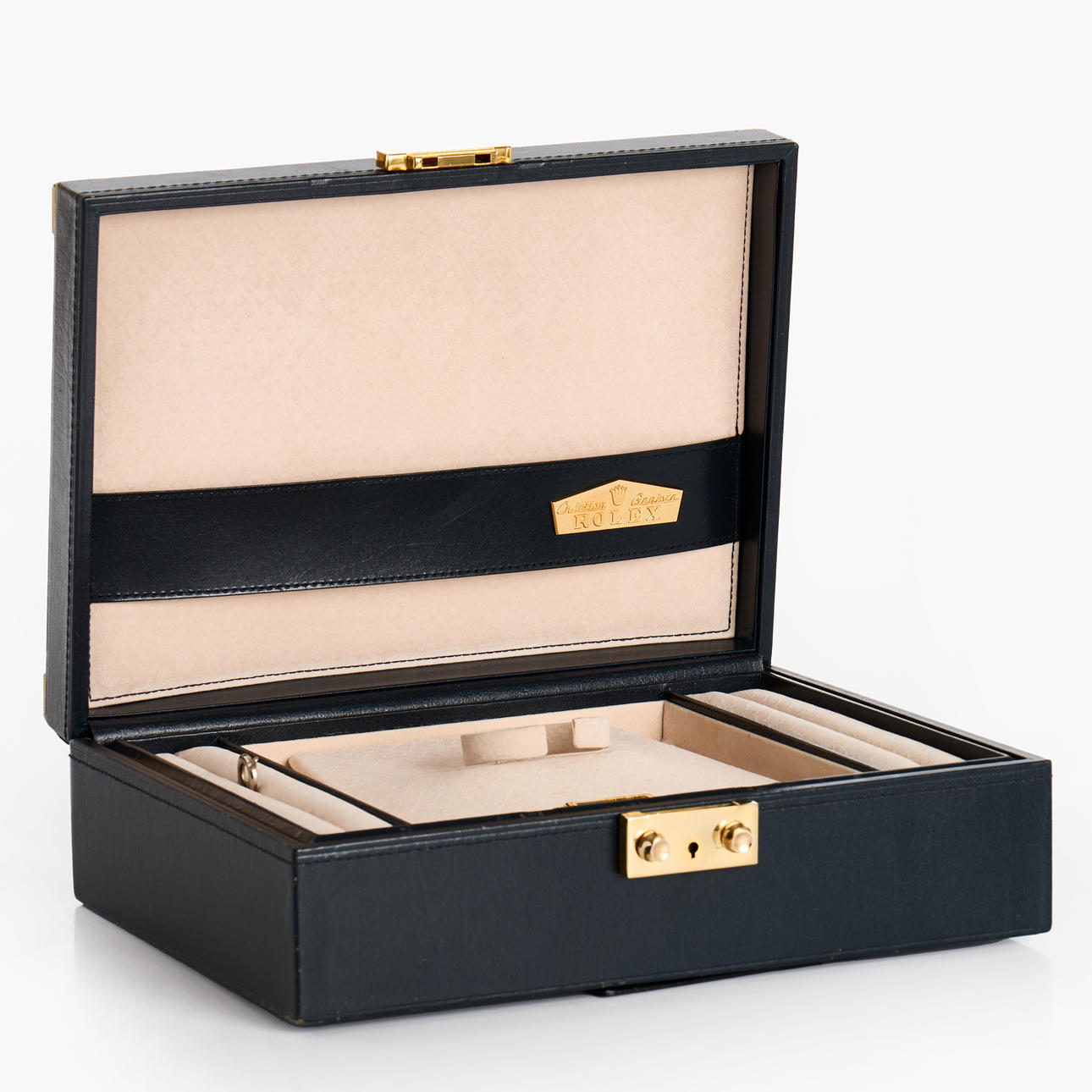 SCHMUCKETUI/UHRENETUI, Rolex, Leder mit Messingdetails.