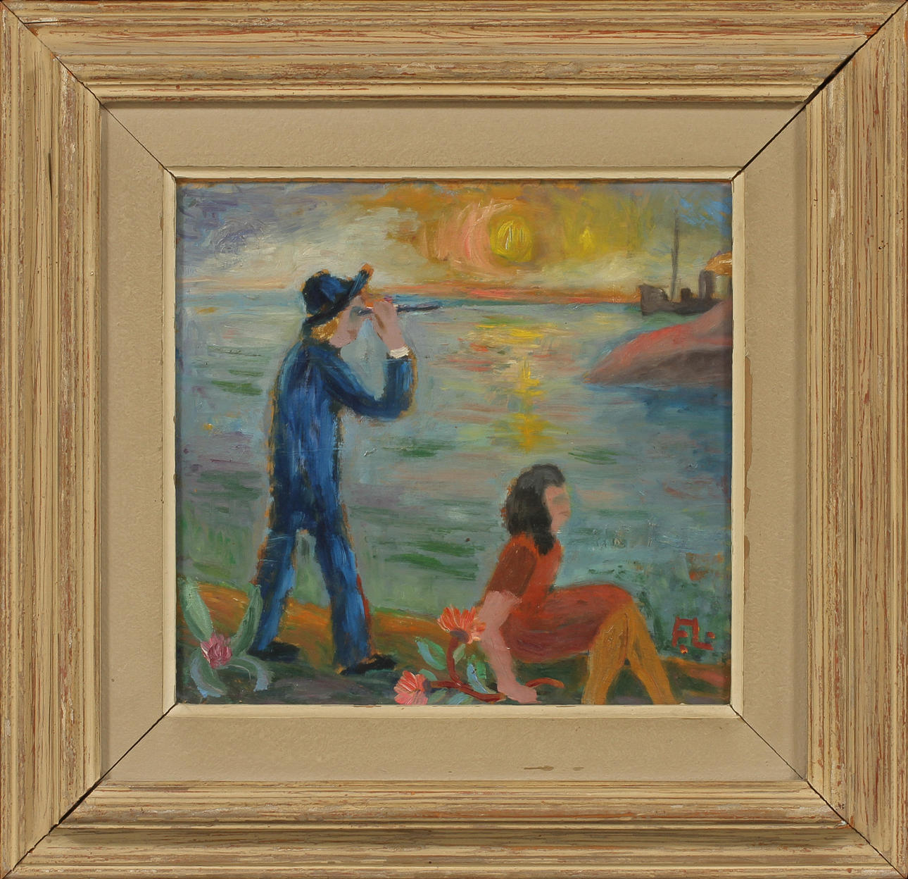 FRANS LARSSON. "Båten kommer", olja på, pappannå, signerad.