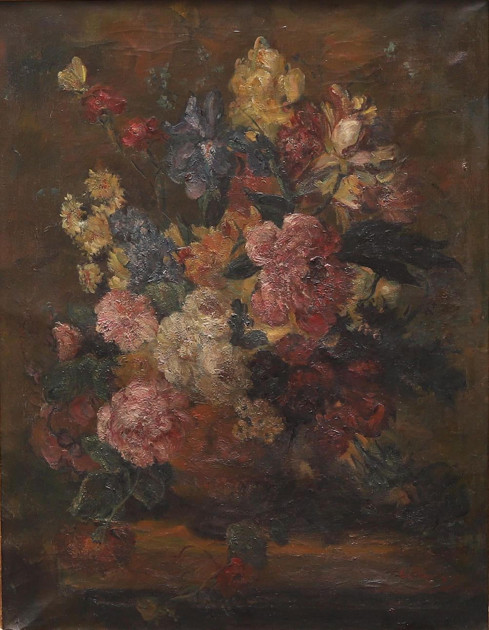 L. RUMSEY, 19TH CENTURY. STILL LIFE OF FLOWERS IN A VASE ON A MARBLE ...