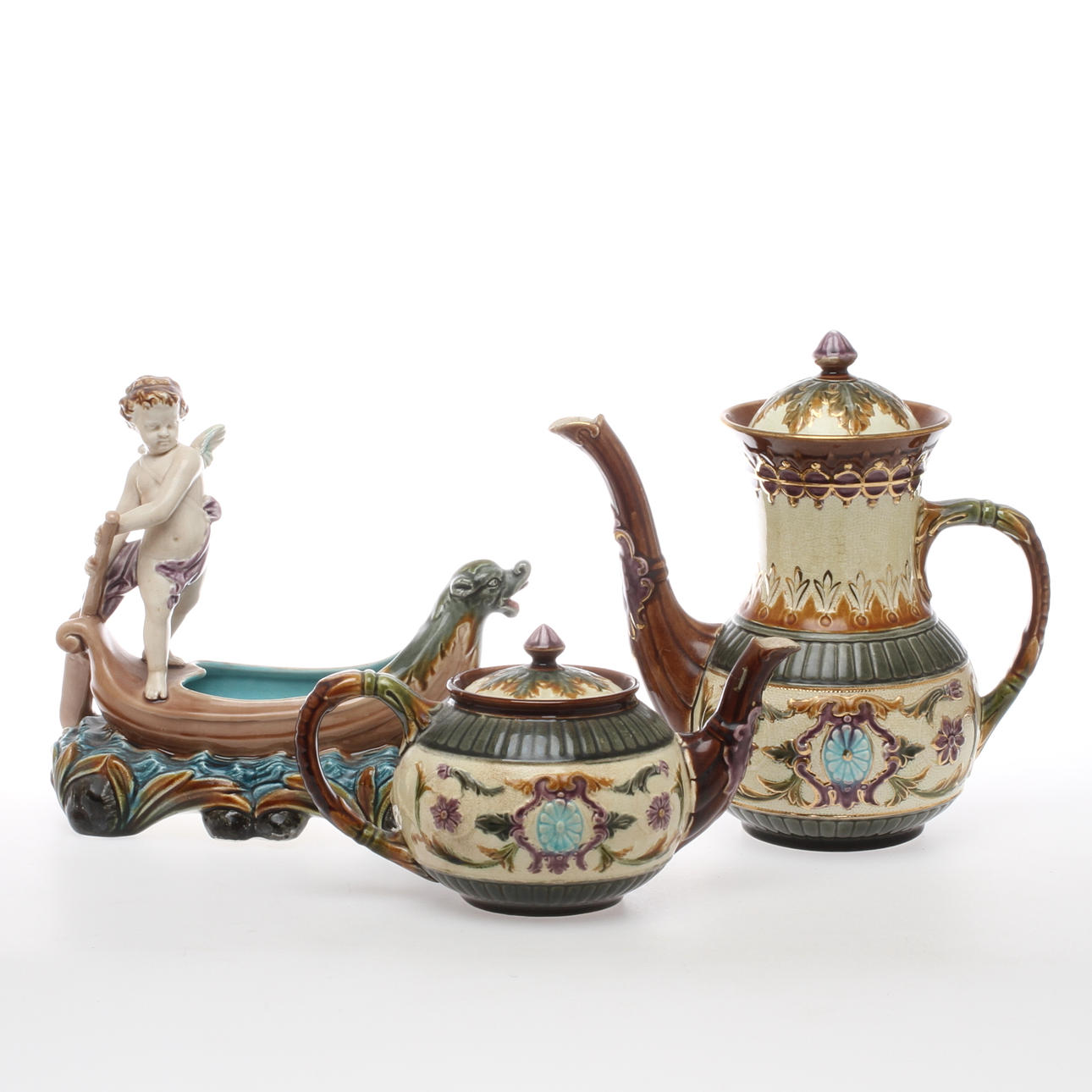 PARTI MAJOLIKA, 3 delar, delvis Rörstrand, omkring 1900.