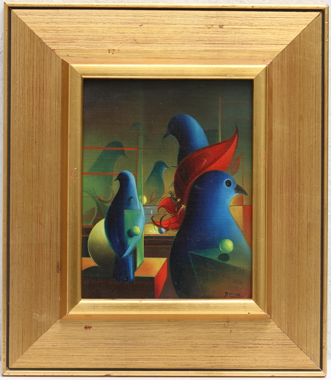 BRUNO BRUNI. Surrealistiska kompositioner. Två oljor på pannå, signerade.