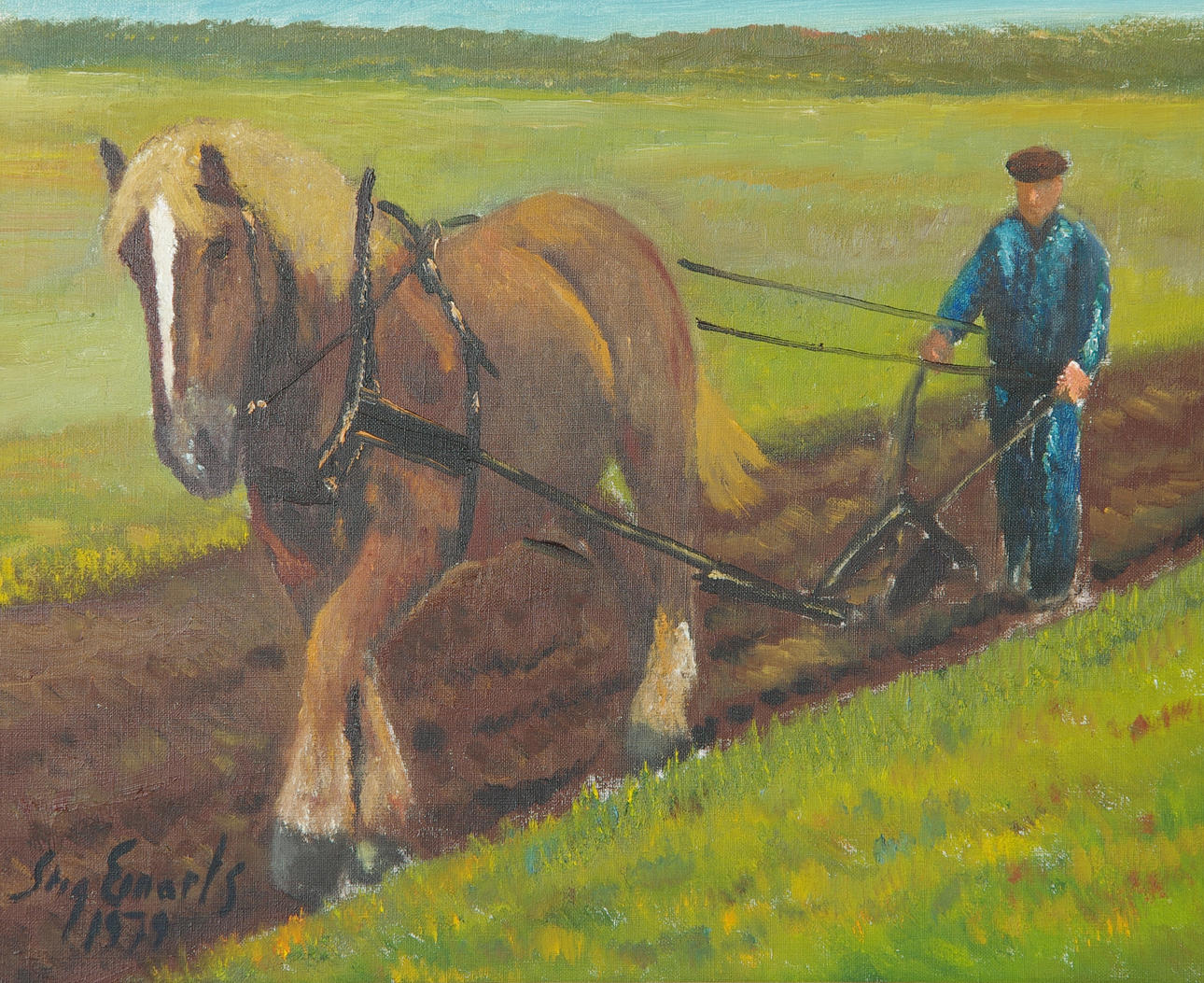 STIG EINARTS. "Plöjning i Fogdarp", olja på duk, signerad Stig Einarts 1979.