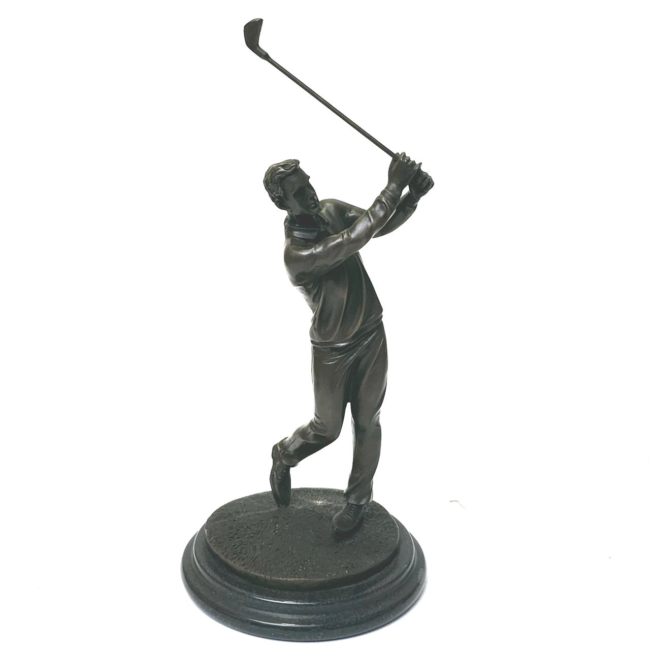 BRONZE GOLFER FIGURE WITH MARBLE ENVELOPE.