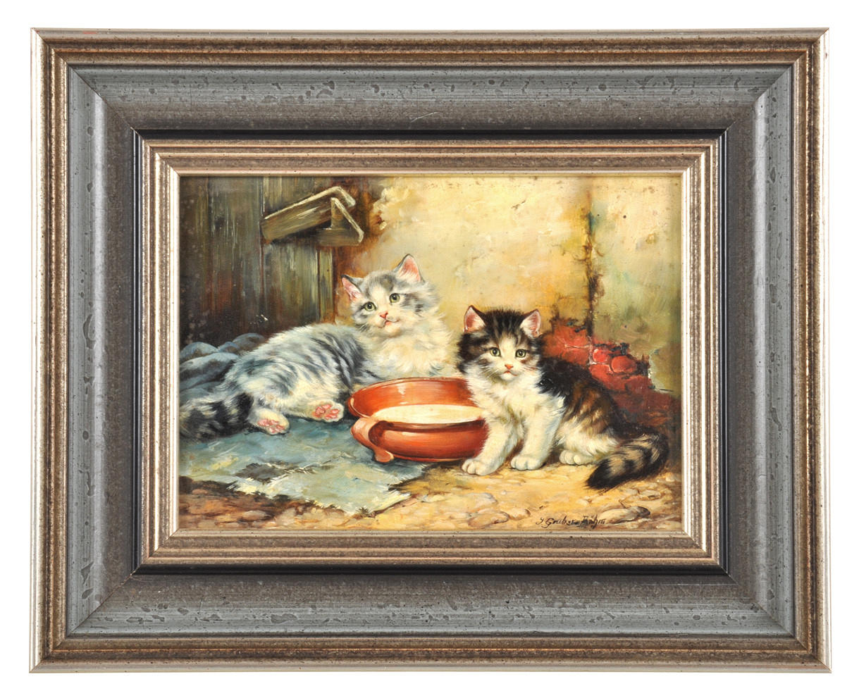 INGE GRUBER-BÖHM. Två kattungar på en vattenskål.