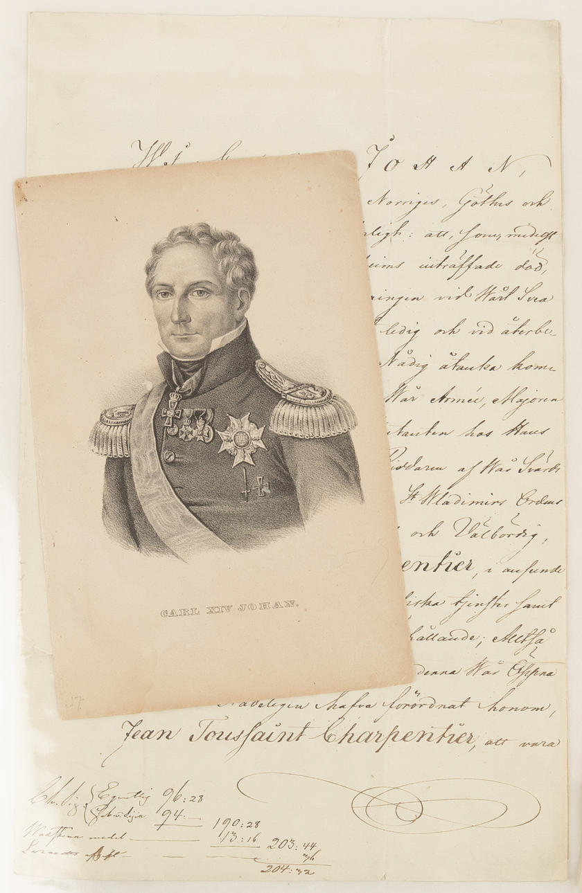 CHARLES XIV JOHAN OF SWEDEN AND NORWAY, document with royal autograph, personally signed and with seal, dated 1836.