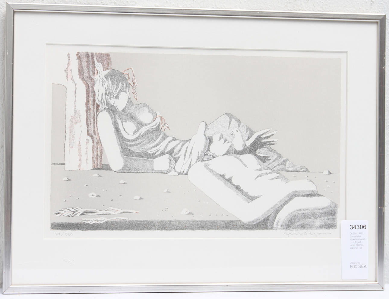 OLSON, AXEL. Surrealistisk strandkomposition. Litografi i toner, 50/260, signerad.