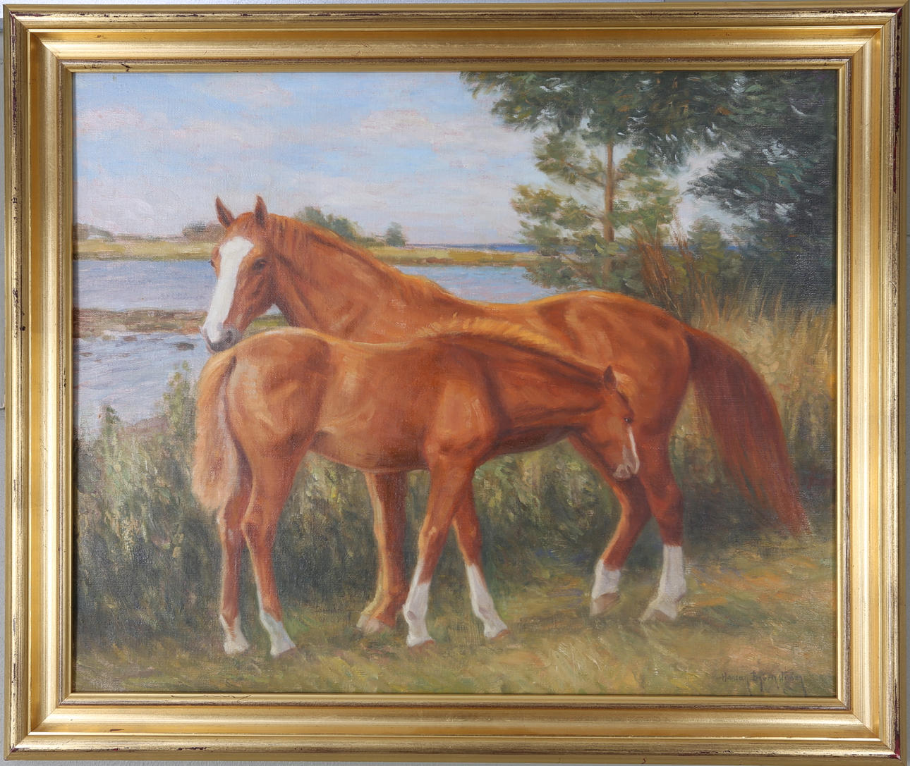 HASSAN BJÖRNSTRÖM. Hästar, olja på duk, signerad.