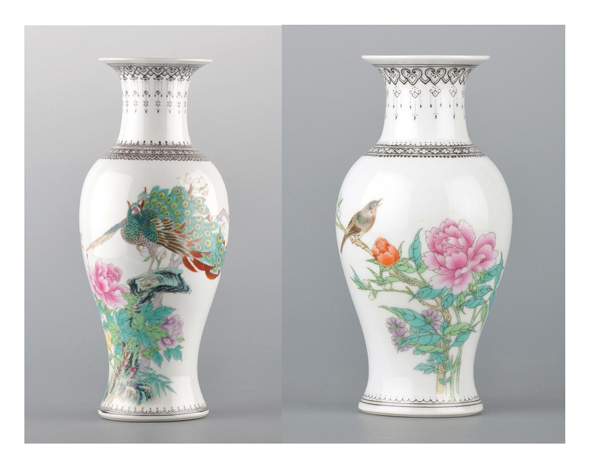 CHINA, 20. JAHRHUNDERT. baluster vaser. Tillbaka med phoenix & karaktärer, hals med band.