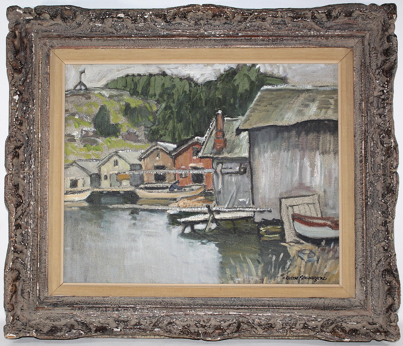 K. GUSTAF STRANDBERG. Olja på duk, "sjöbodar" signerad.