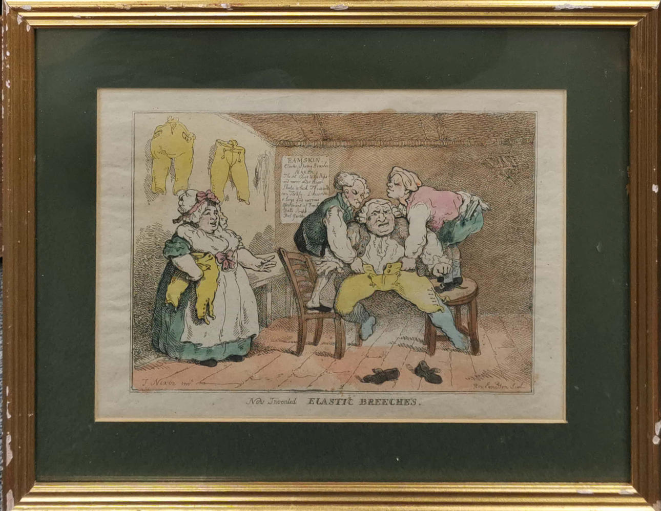 ROWLANDSON. EFTER. „NYOPFUNDET ELASTISKE BUKSER“ KARIKATUR.