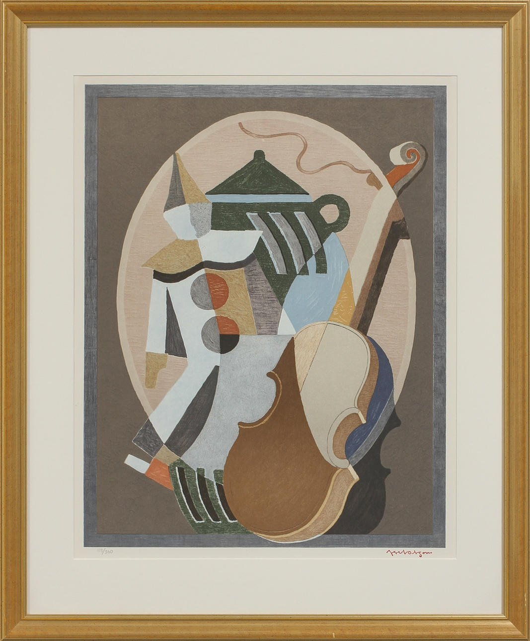 AXEL OLSON. EFTER. Komposition med fiol, tekanna och pierrot. Färglitografi, stämpelsignerad och numrerad 115/360.