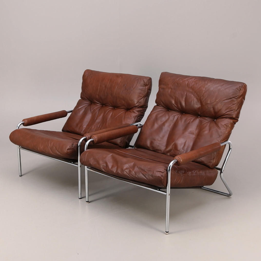 FÅTÖLJER, ett par, stålrör/skinn, 1970-tal.