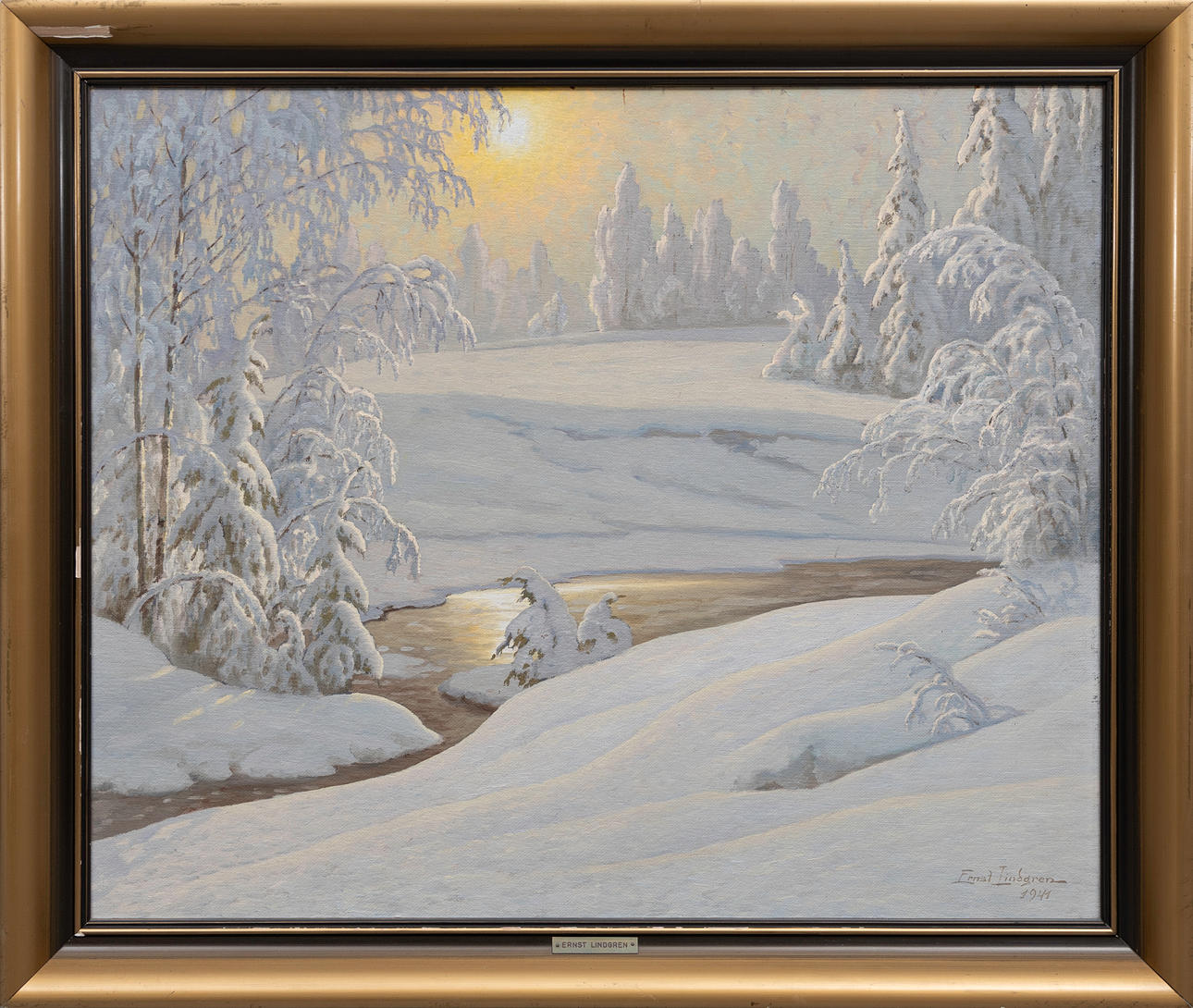 ERNST LINDGREN. Winter landscape, oil on panel, signed, dated 1944.