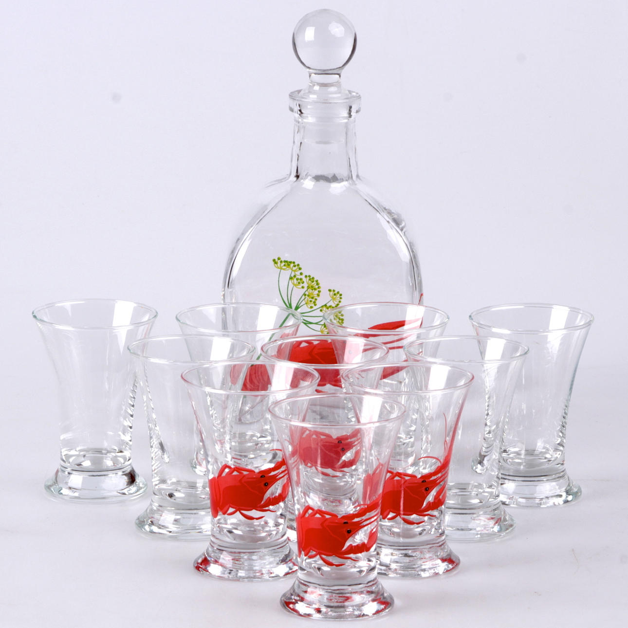 SNAPSGLAS, samt karaff, 11 delar, glas, motiv med kräftor, 1900-tal.