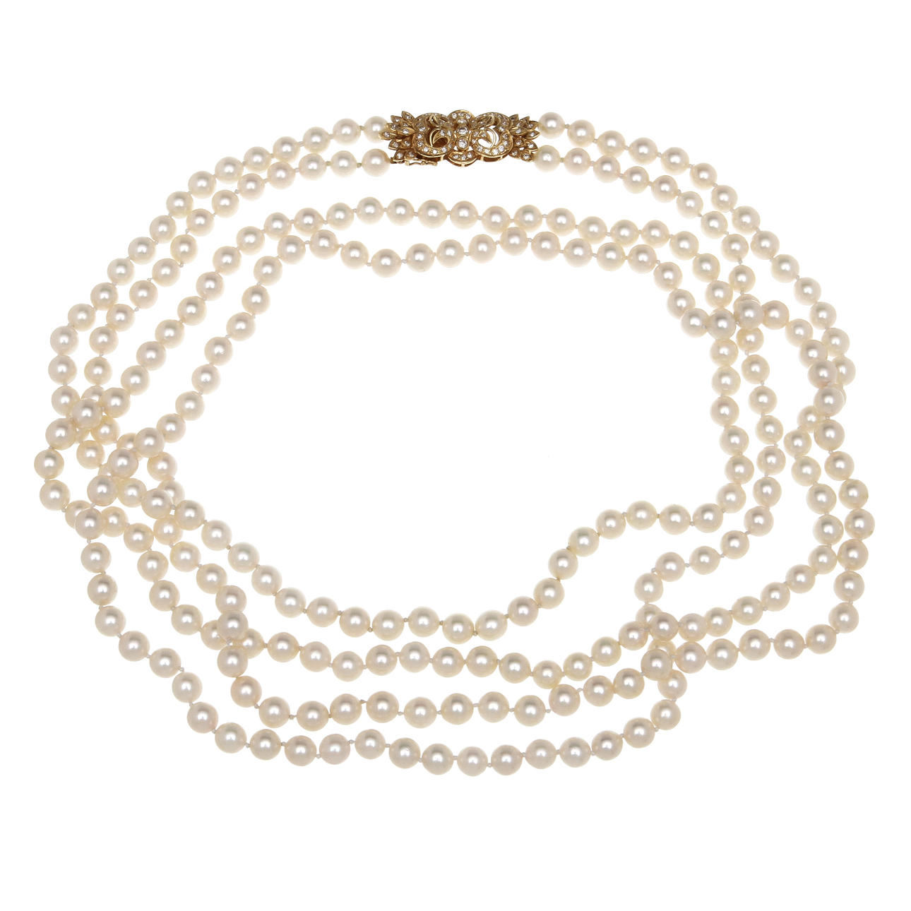 PÄRLCOLLIER, tvåradigt, lås i 18k rödguld med diamanter, totalt ca 0,73 ct.