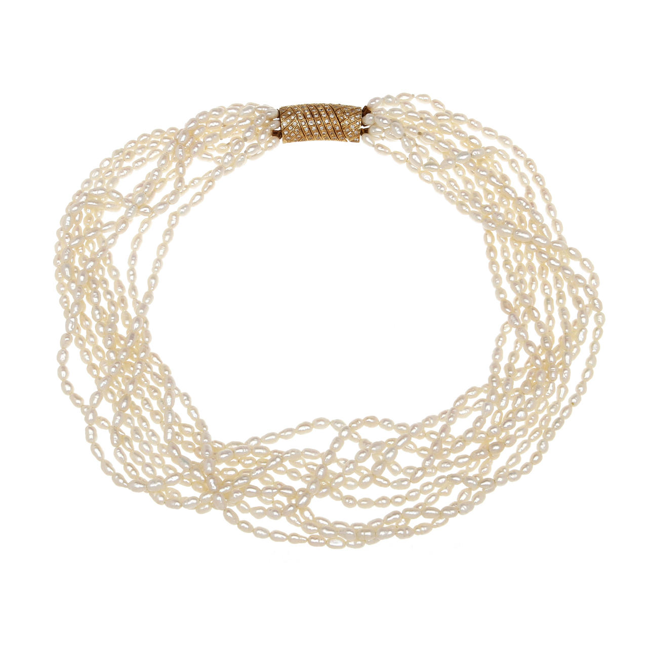 PÄRLCOLLIER, 9-radigt, 10k guldlås med diamanter, totalt ca 0,9 ct.