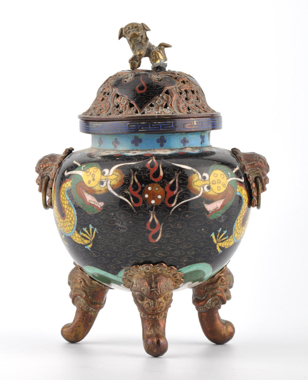 WEIHRAUCHBRENNER. Cloisonne & brons ansökan. Gul kejserlig drake med klot shishi pommel.