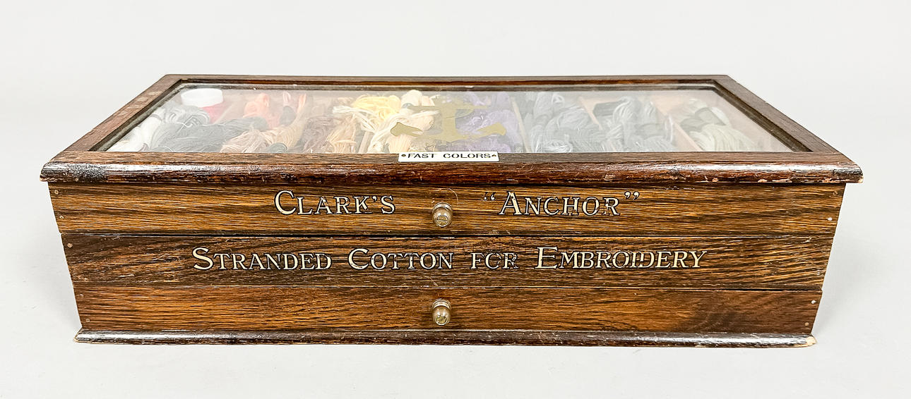 SEWING THREAD BOX & CONTENTS, Clarks “Anchor” Stranded Cotton for Embroidery.