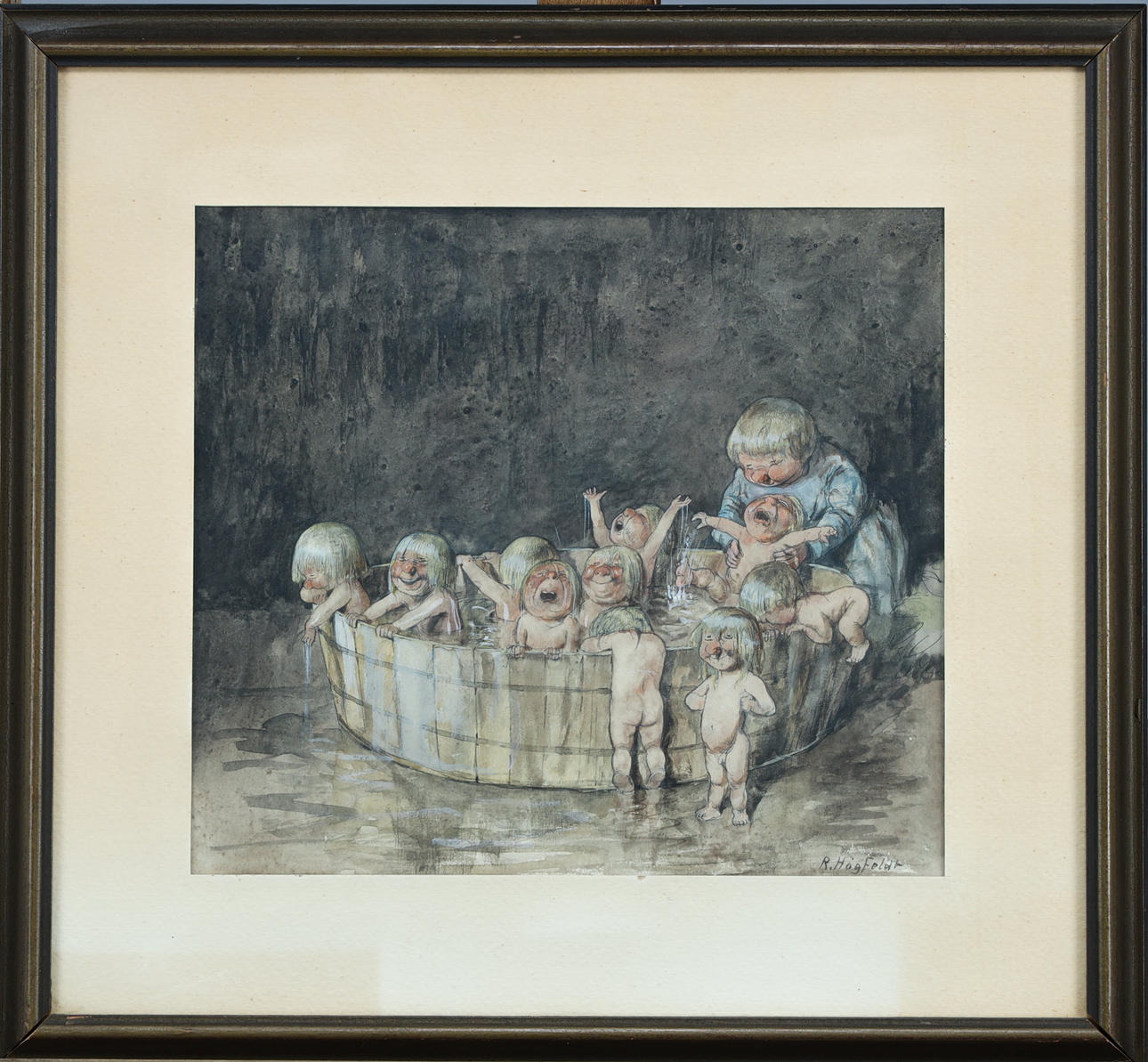 ROBERT HÖGFELDT. Badende Trollbabys, Aquarell.