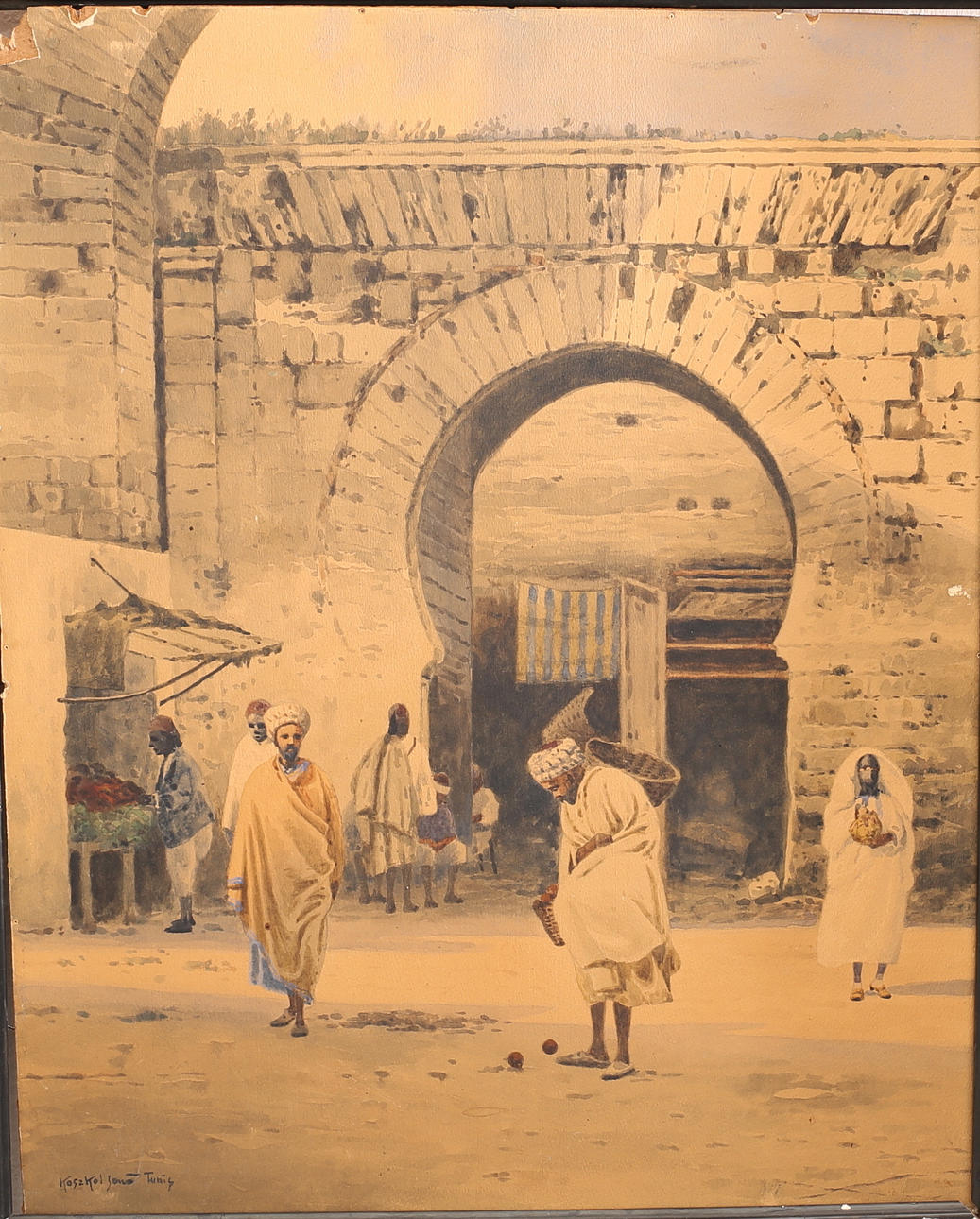 JENÕ KOSZKOL. Akvarell, bygata signerad Koszkol Jeno, Tunis.