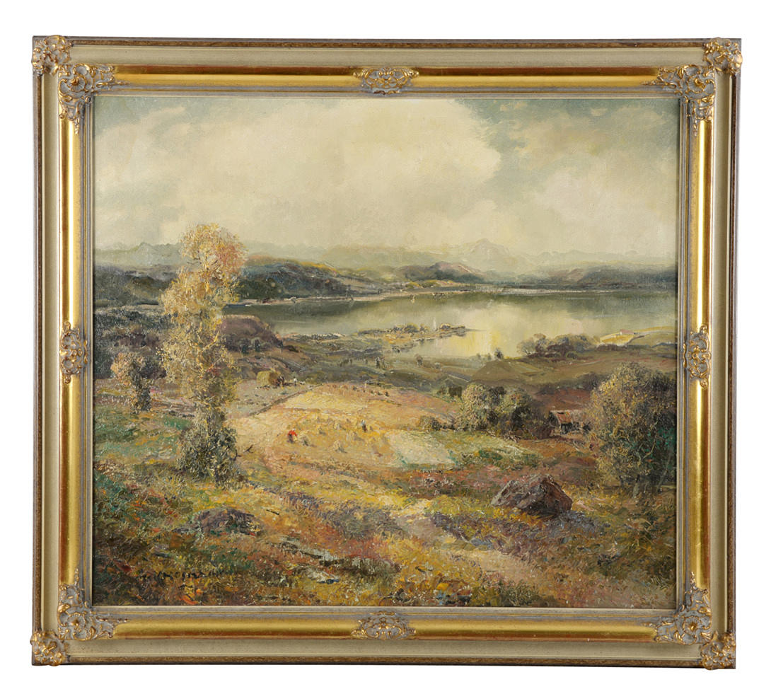 LUDWIG GSCHOSSMANN. ”Am Attersee”. Utsikt över åkrar med folk & sjö på Schafberg/Höllengebirge.