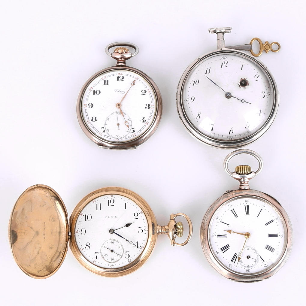 FICKUR, 4st, bl a Elgin savonette, Spindelur silver 1806, Viking silver.