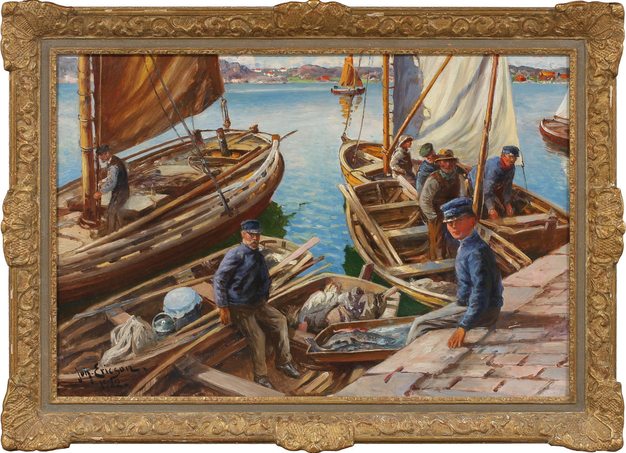JOHAN ERICSON. Fiskare vid kajen på Marstrand. Olja på duk, signerad och daterad 1922.