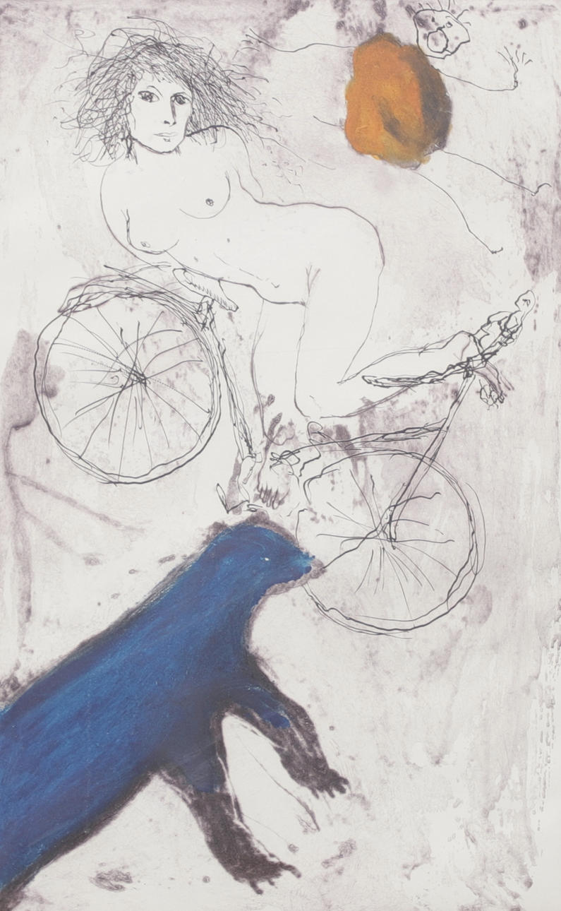 SUZANNE NESSIM. Nude cyclist, colour etching, signed and numbered 61/95.