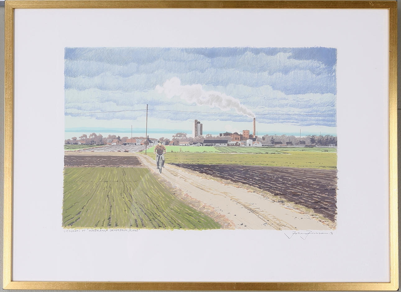 JOHAN PERSSON. "Mörbylånga sockerbruk, Öland", färglitografi, signerad och daterad -91.