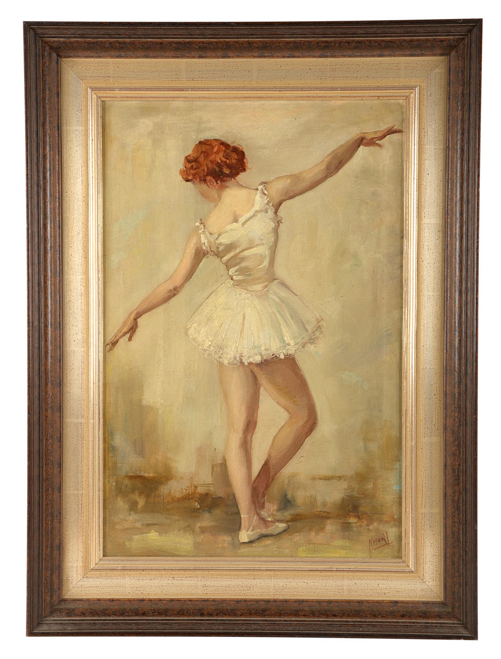 SIGNIERT. Ballerina in dance movement, back view.