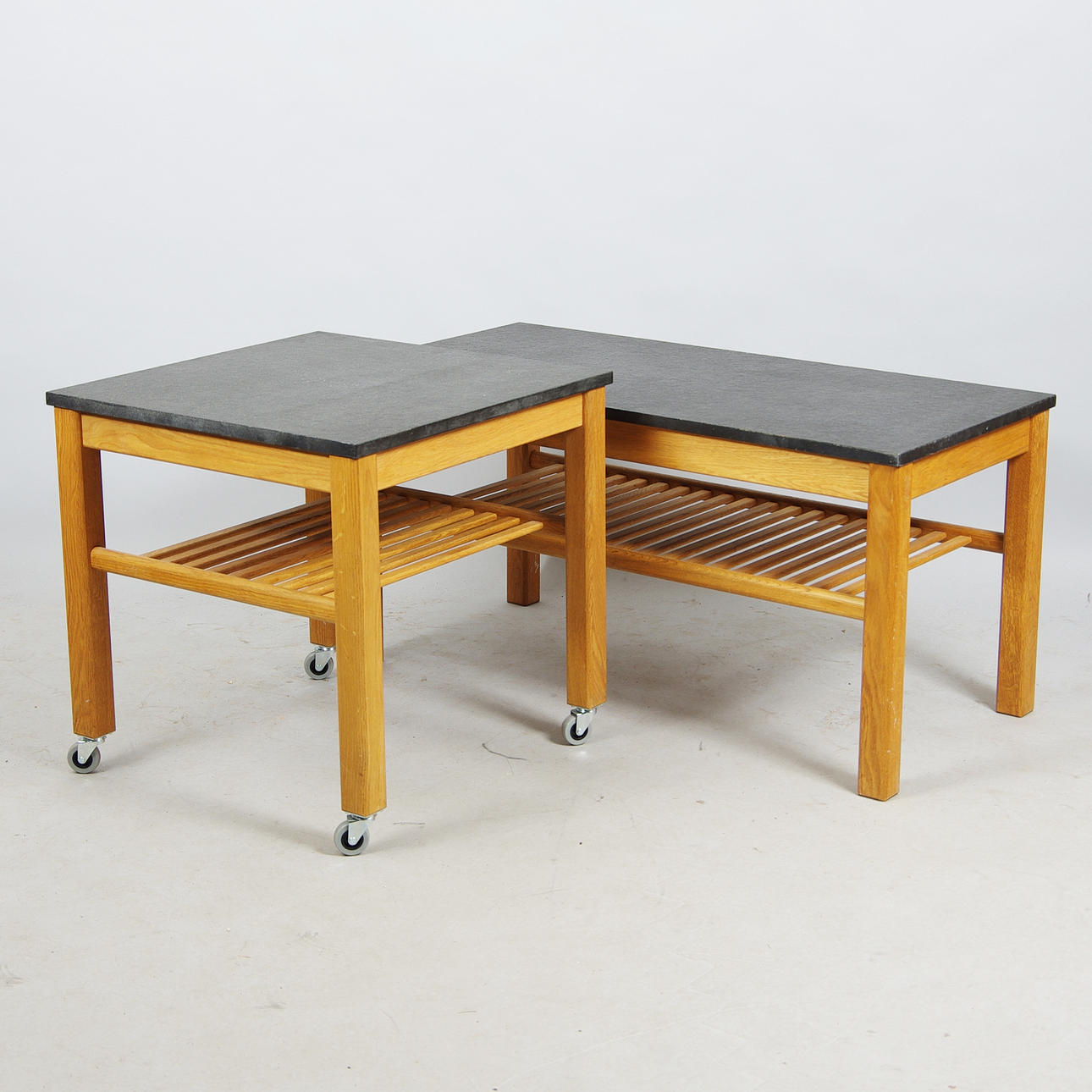 BORD, 2 stycken, ek med stenskiva och hylla.