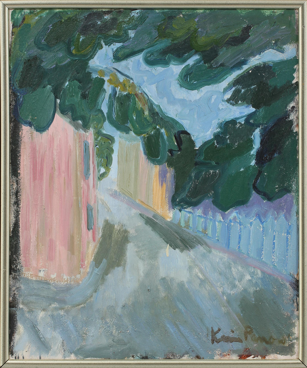 KARIN PARROW. Rosa husfasad vid väg. Olja på pannå, signerad.