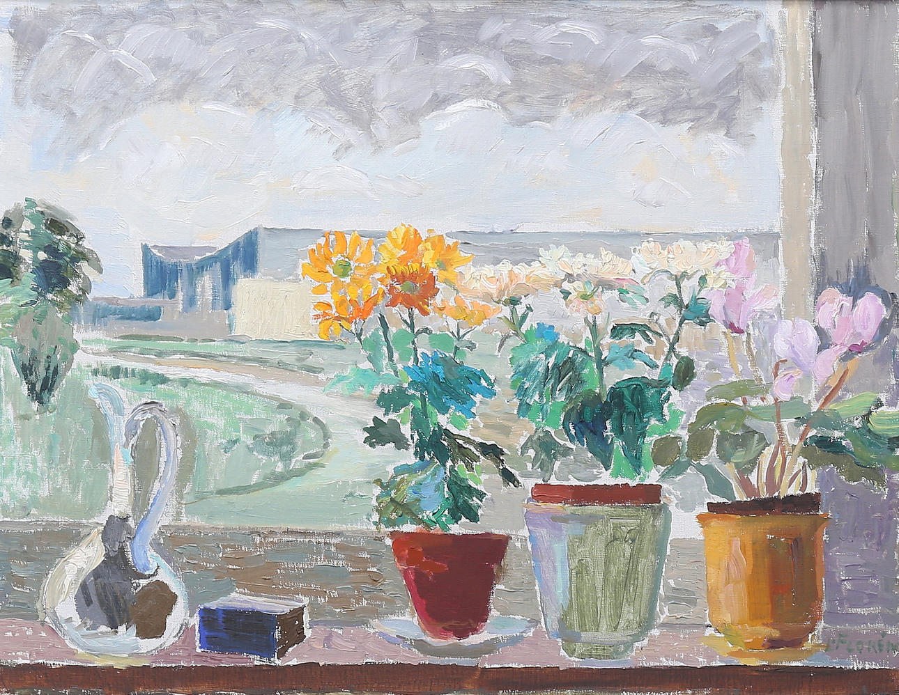 LARS FLORÉN (1899-1979). Olja på duk, interiör med utsikt genom fönster ...