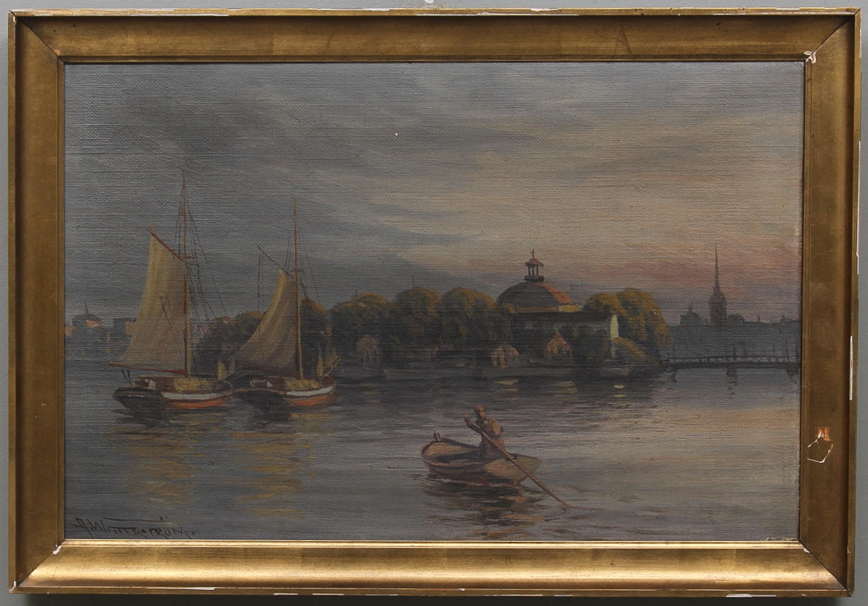 ALFRED WETTERSTRÖM. Stadsvy. Olja på duk. Signerad.