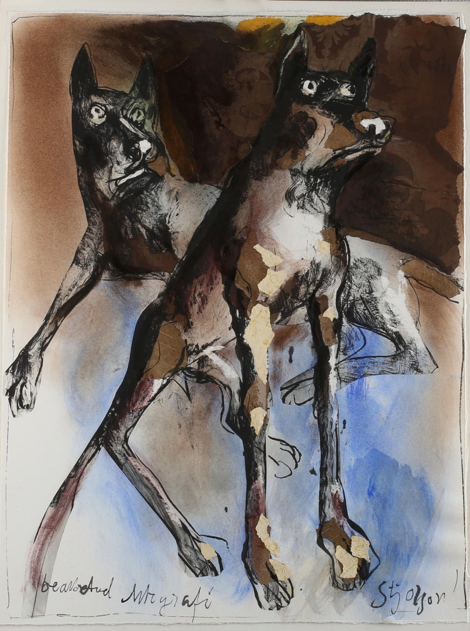 STIG OLSON. Hundar, litoprovtryck/blandteknik, signerad.