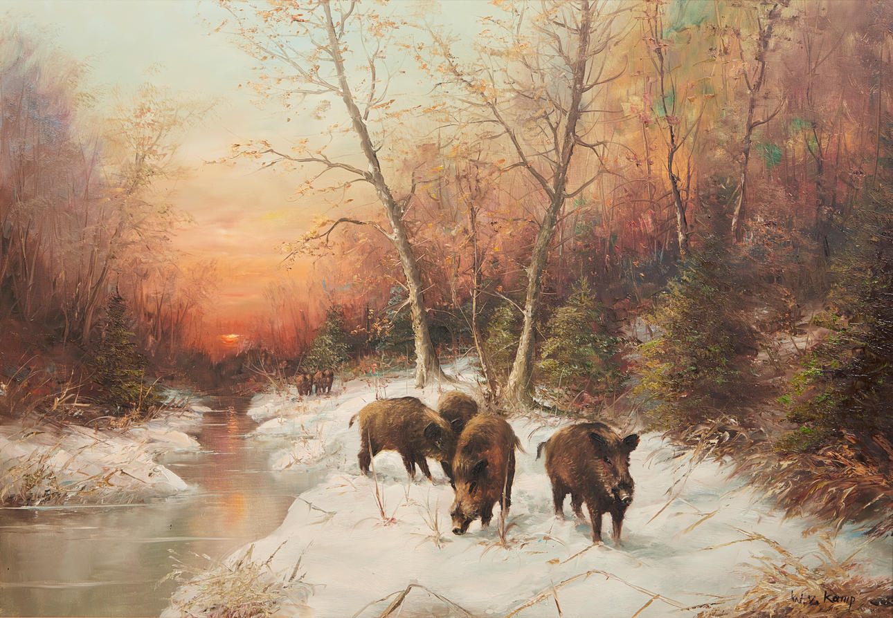 W. V. KAMP. Sows in a snowy winter forest.