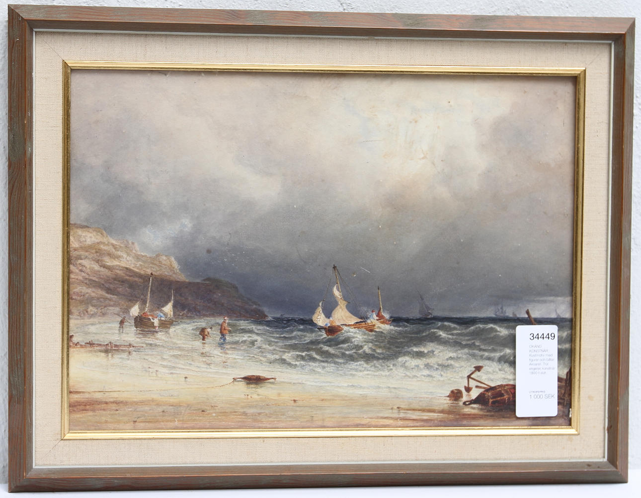 OKÄND KONSTNÄR. Kustmotiv med figurer och båtar. Akvarell. Trol engelsk konstnär 1800-t slut.