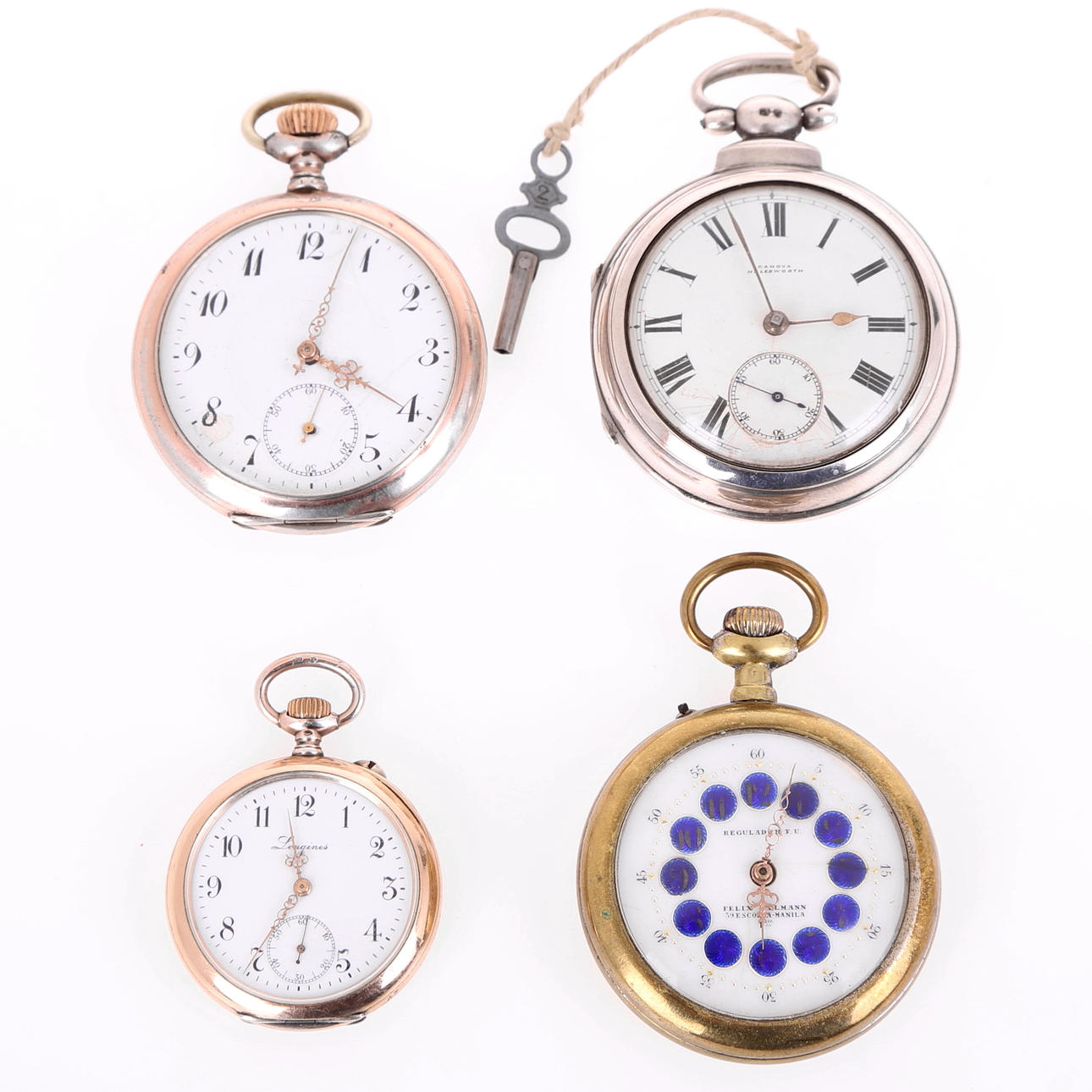 FICKUR, 4 st, Spindelur Canova Halesworth silver, Regulador F U, Felix Ullman Manila, Longines, Breguet.