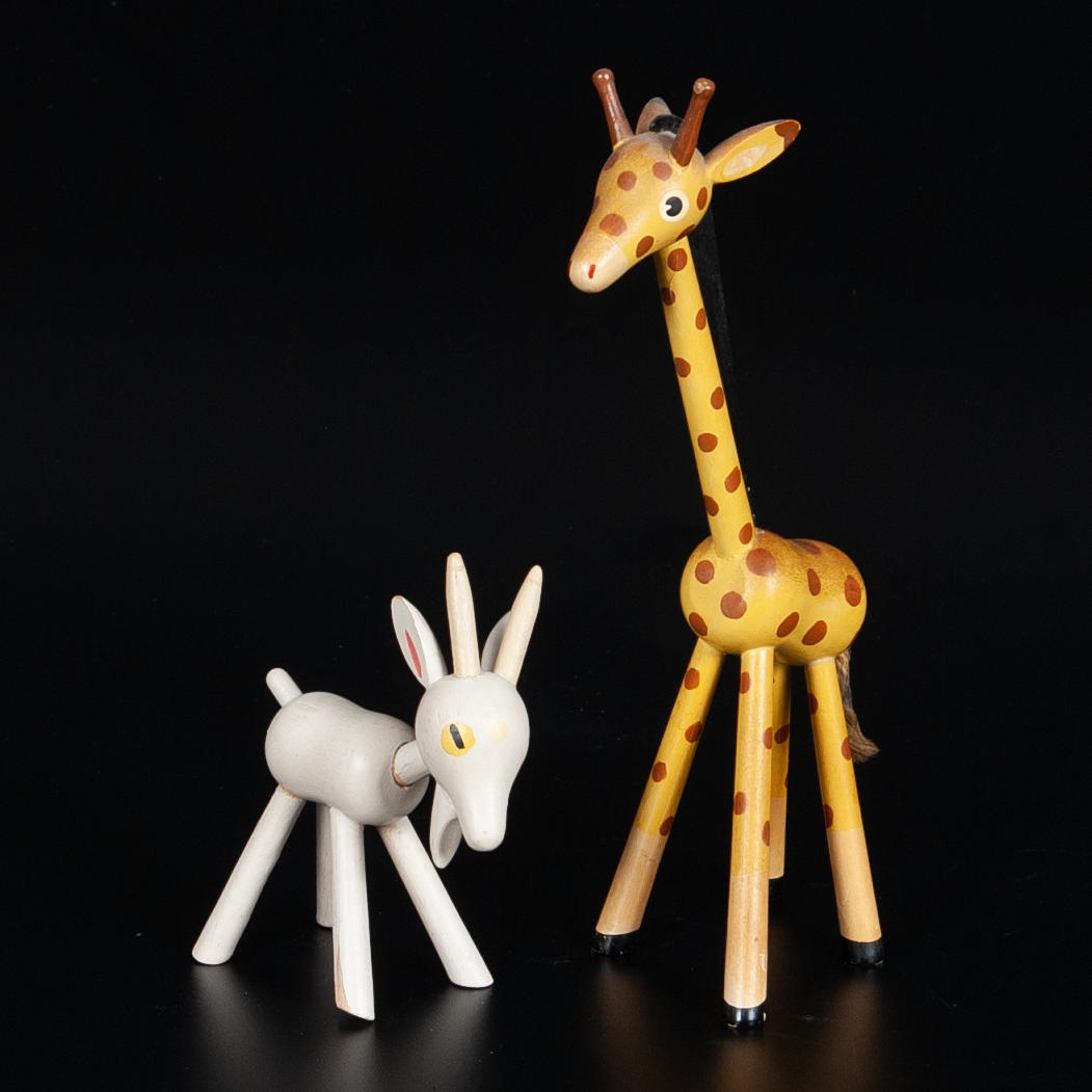 GUNNAR ANDER. FIGURINE, 2 giraffe and goat, painted wood. Toys