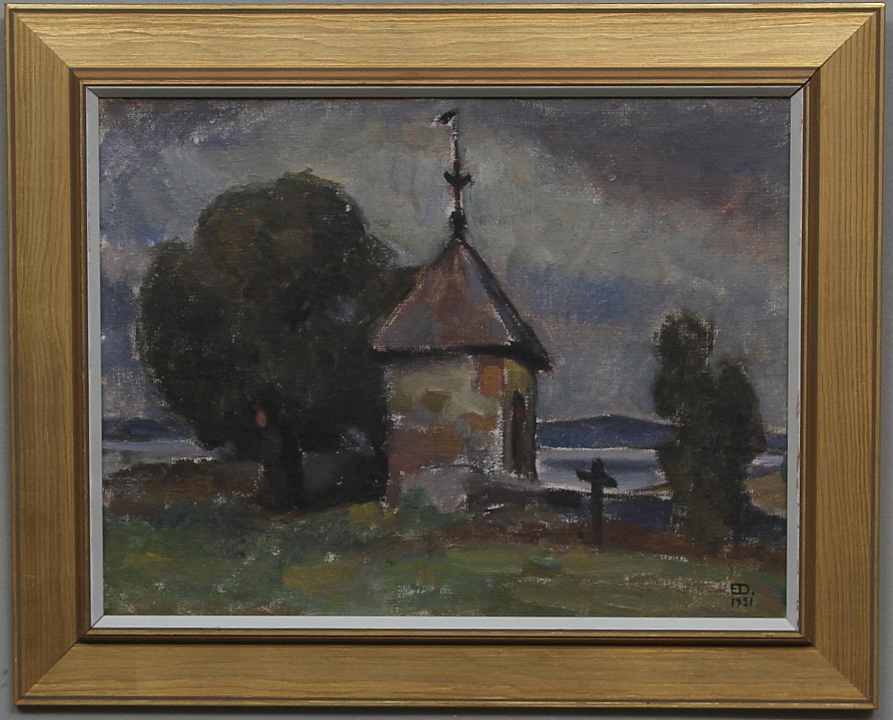 EMIL DANIELSSON. "Kyrkoport". Olja på pannå, signerad och daterad 1921.