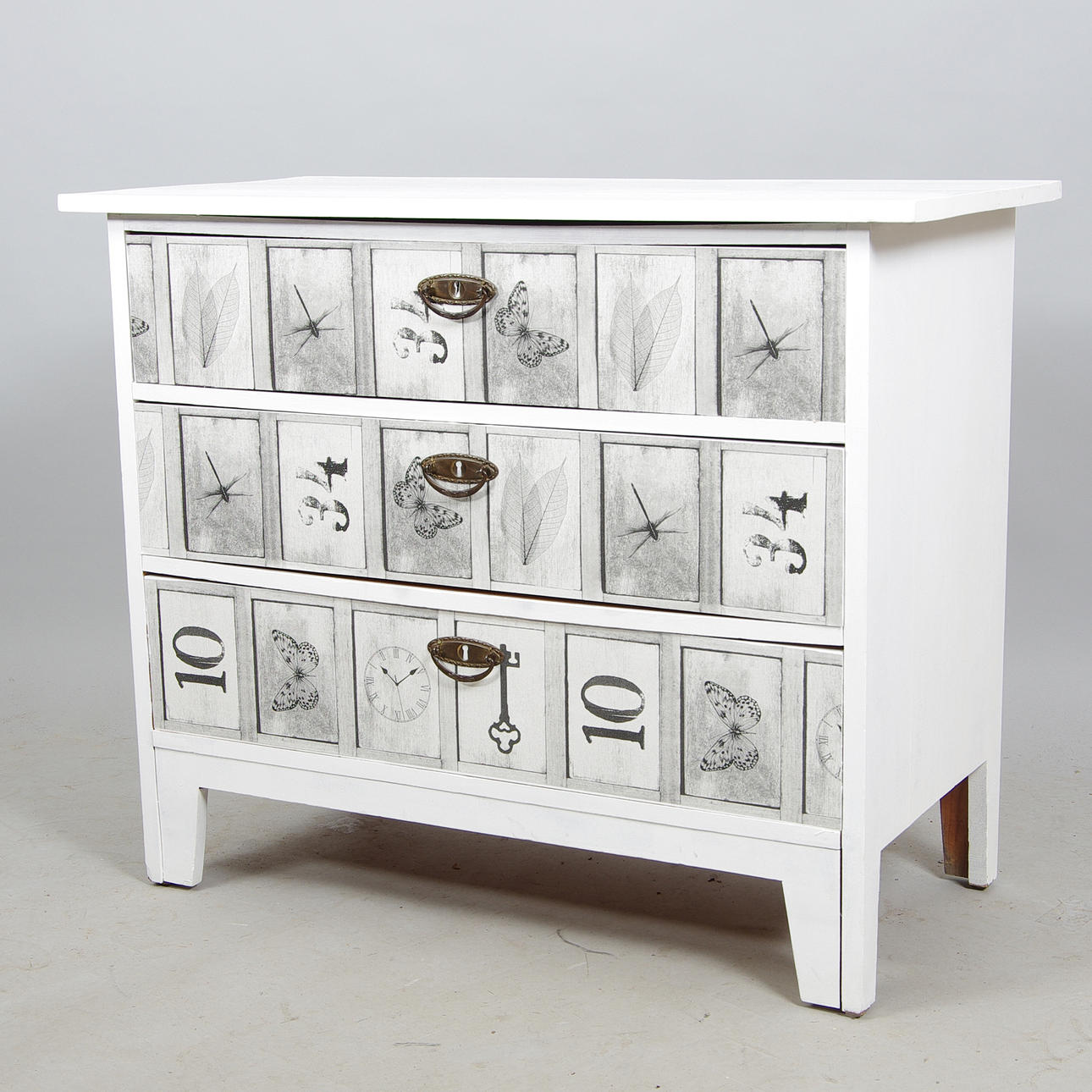 BYRÅ, 3-lådig, vitmålad, tapetserade lådor.