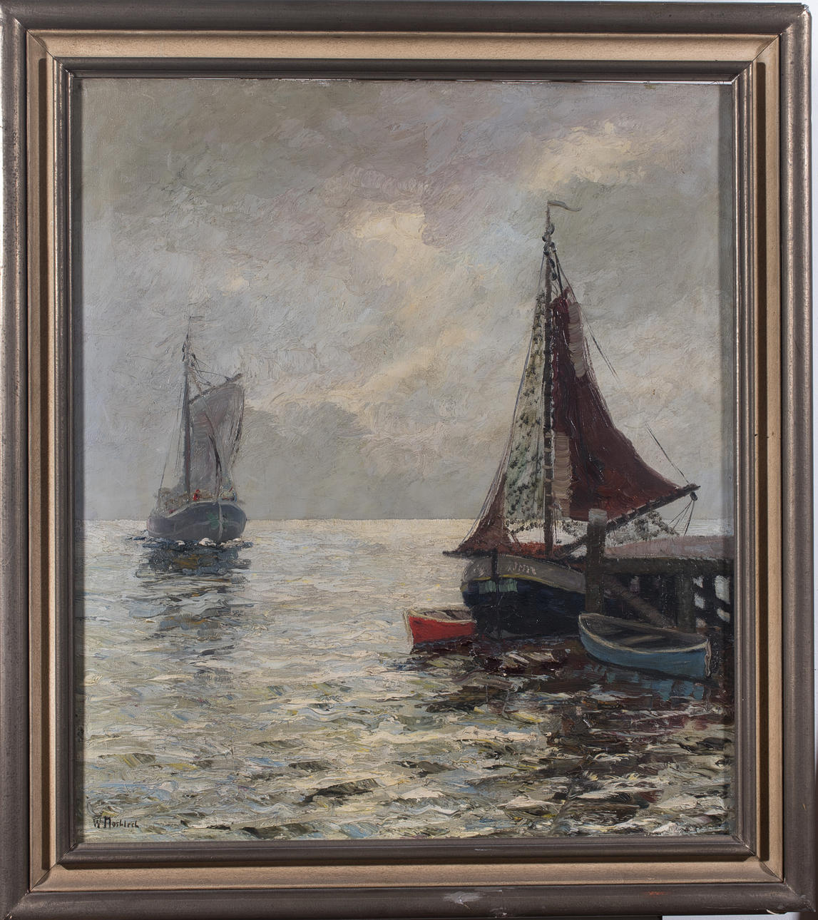 CARL WILHELM MOSBLECH 1868-1934300. MÅLNING, fisketrålare framför hamnbryggan.