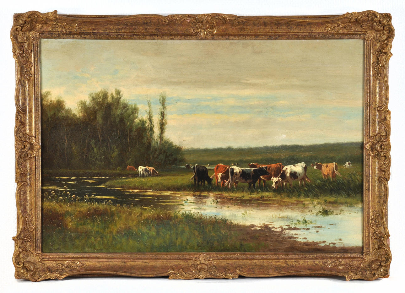 WILLIAM FREDERICK HULK. Boggy bäck med en grupp kor, djupt skogsområde.