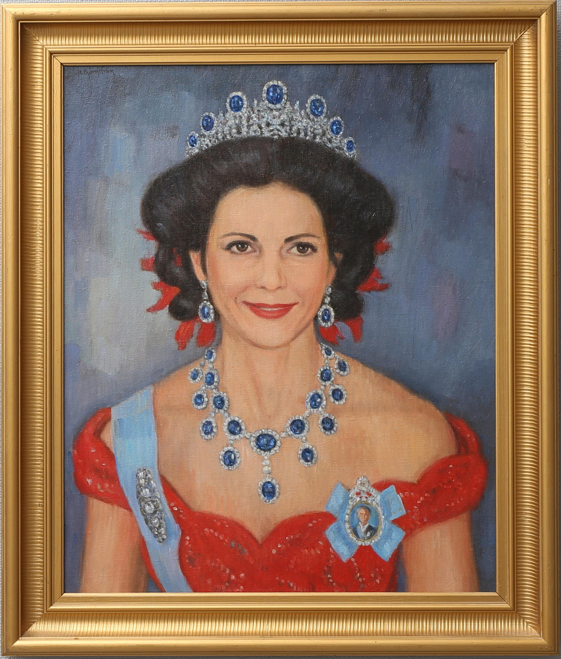 HASSAN BJÖRNSTRÖM. Porträtt av Drottning Silvia. Olja på duk, signerad.