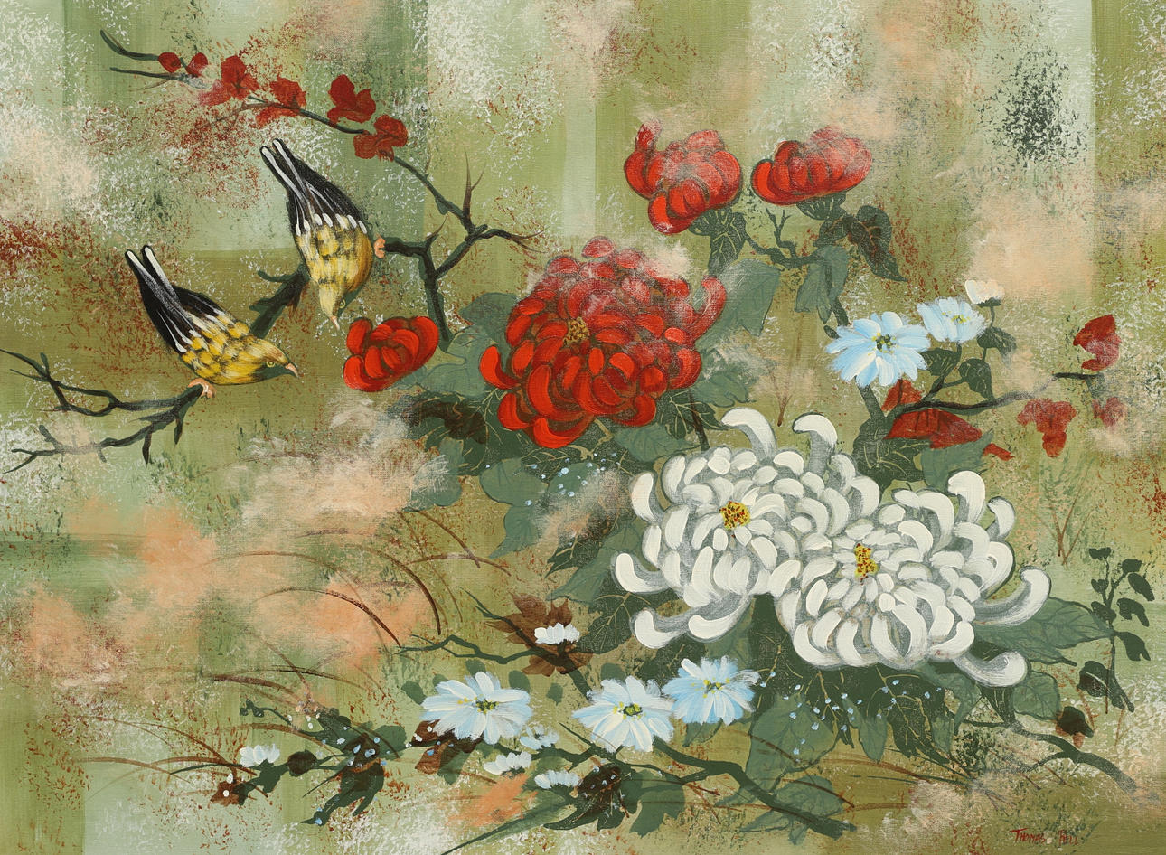 THOMAS PELL. oil on canvas, birds and flowers, signed.