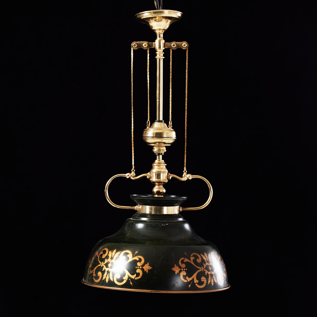 DECKENLEUCHTE, Messing und Blech, modern, mit Hubketten.